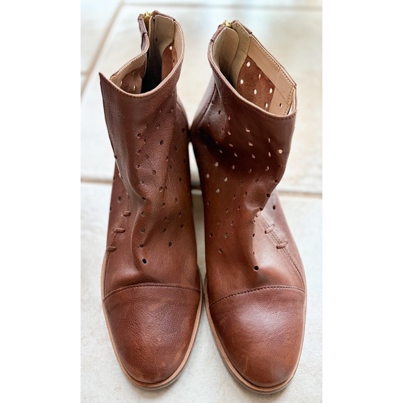 Shoes - Brown Leather Perforated Ankle Boots Back‎ Zip Stacked Heel Size 11